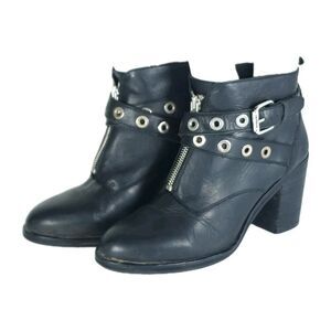 Office London Women’s US7,5 EU38 Black Leather Front Zip Studded Ankle Booties
